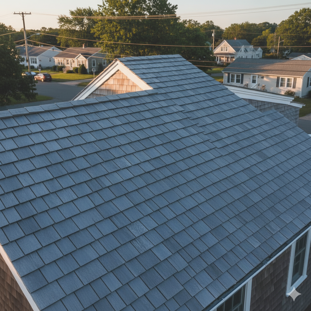 Roof cleaning service removing black algae streaks and moss from asphalt shingles on residential home in Massachusetts